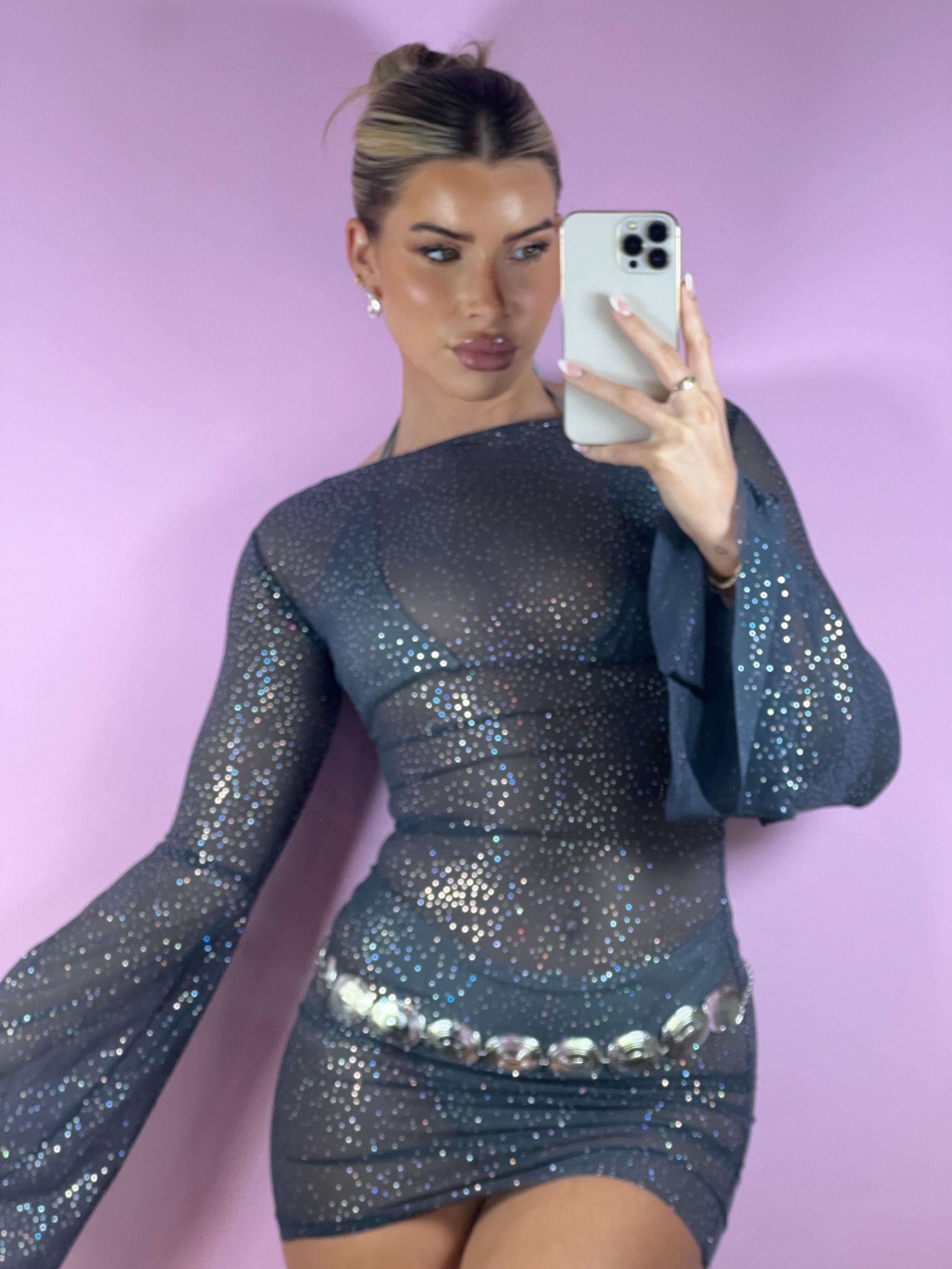 Bellsleeve glimmer mesh mini dress - titanium or black