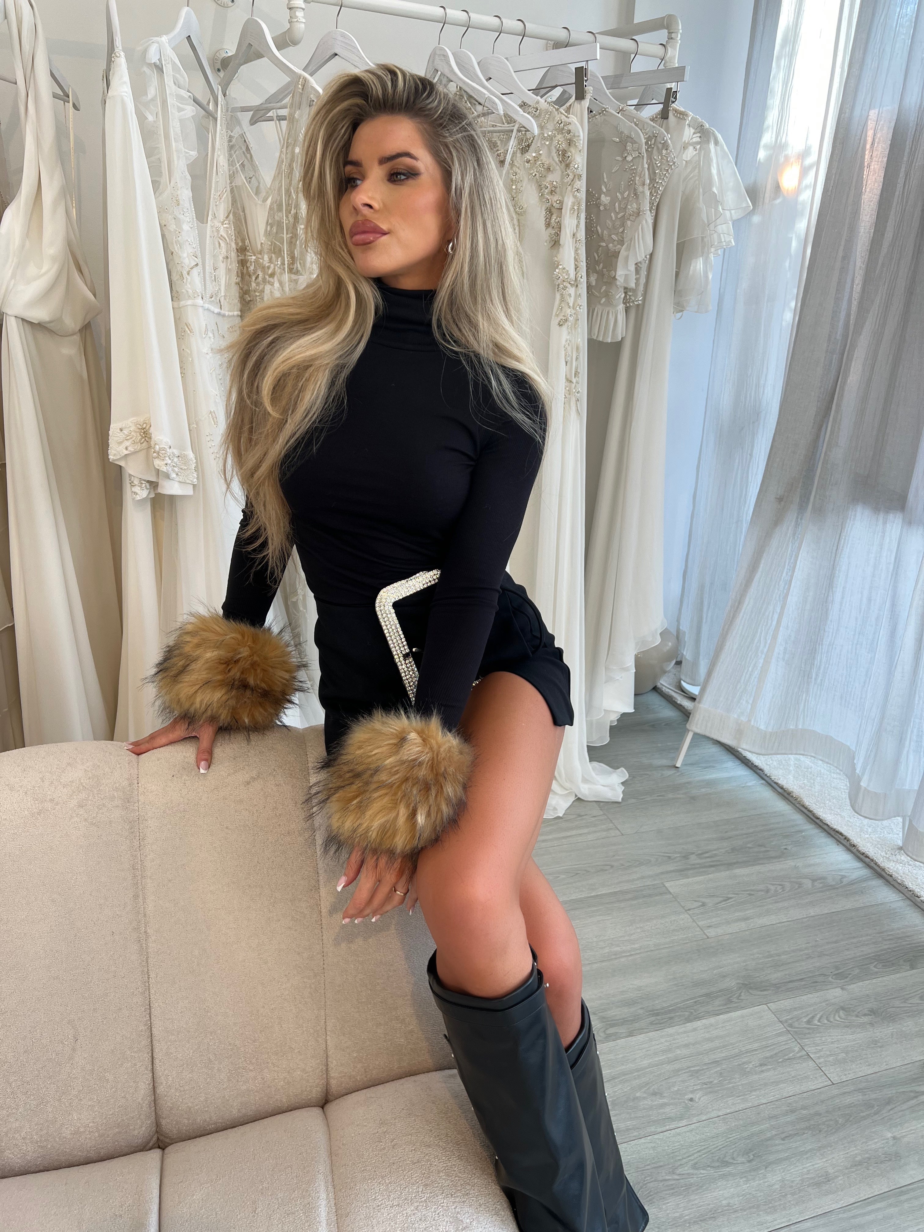 Rox fur top & Lexi skirt co-ord - Black/Natural