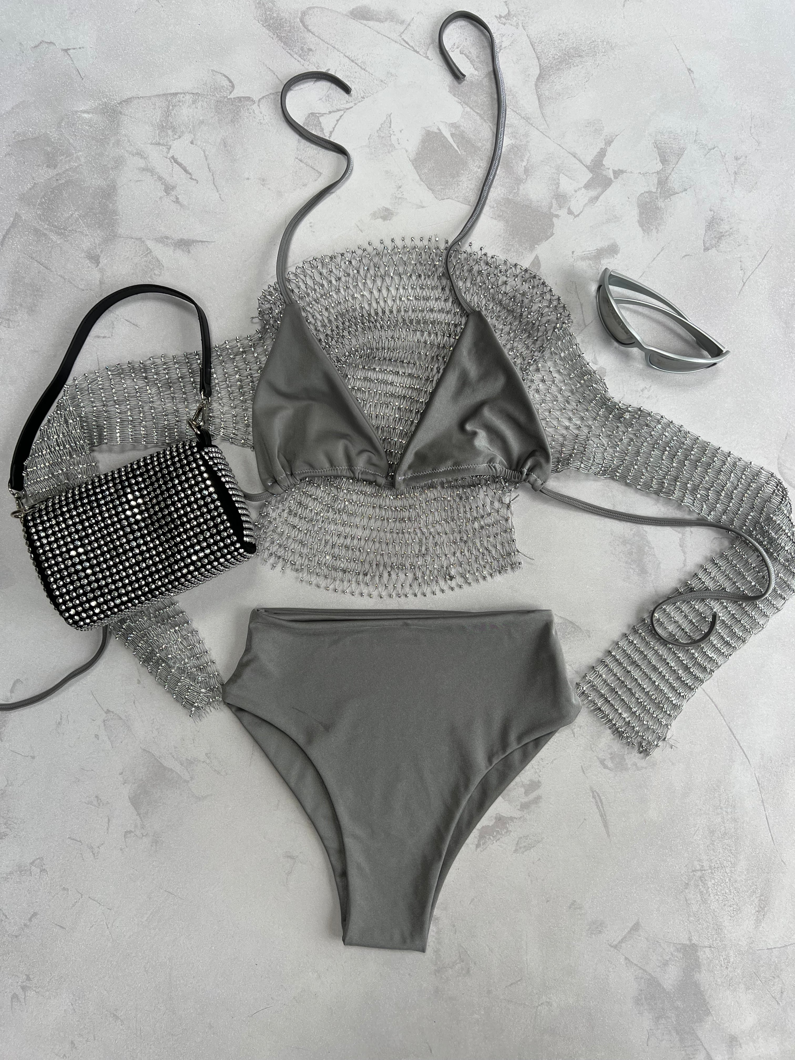 Silver Diamante Net top and Highrise set (select fabric)