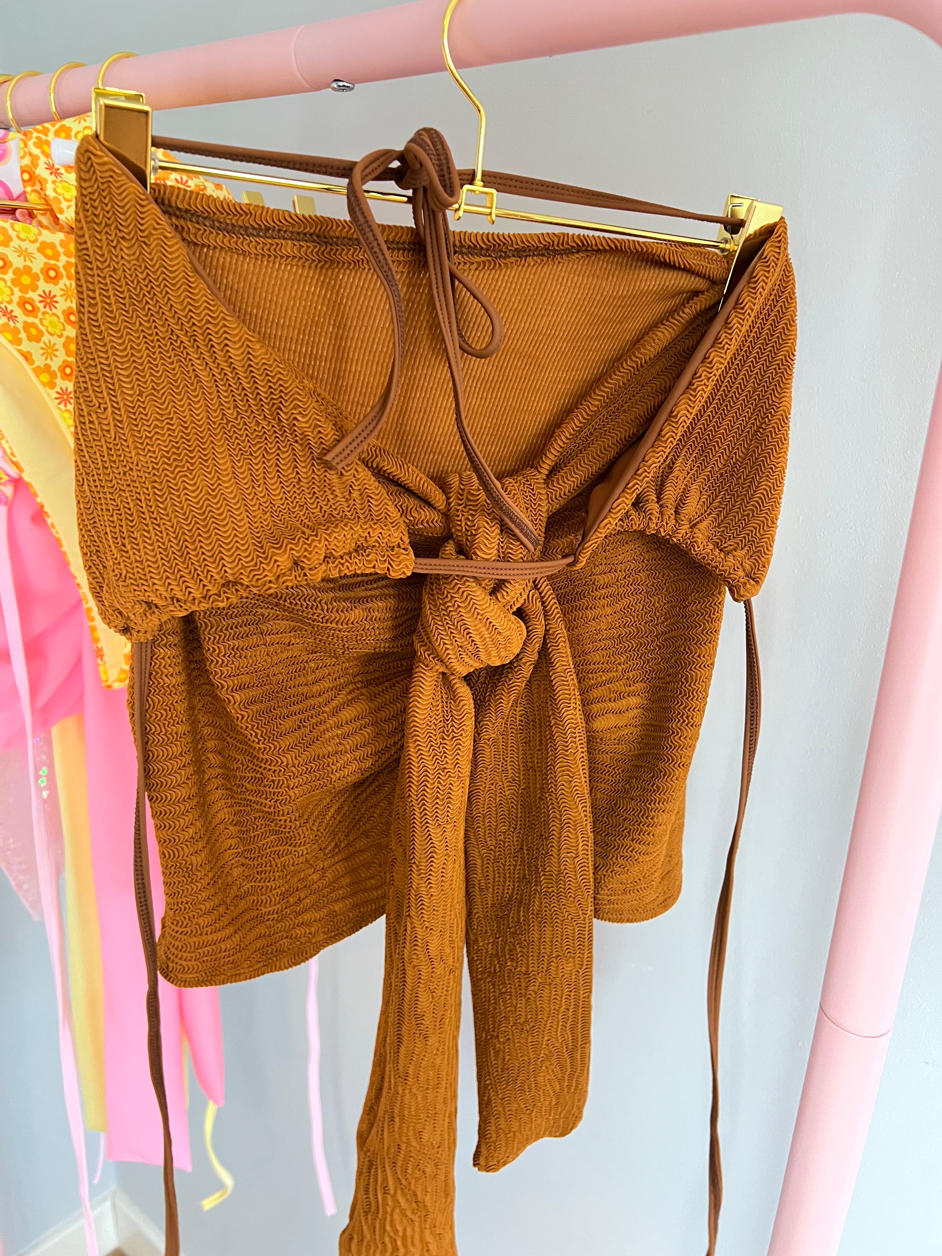 Triangle top and Knotted skirt set in Caramel Crinkle