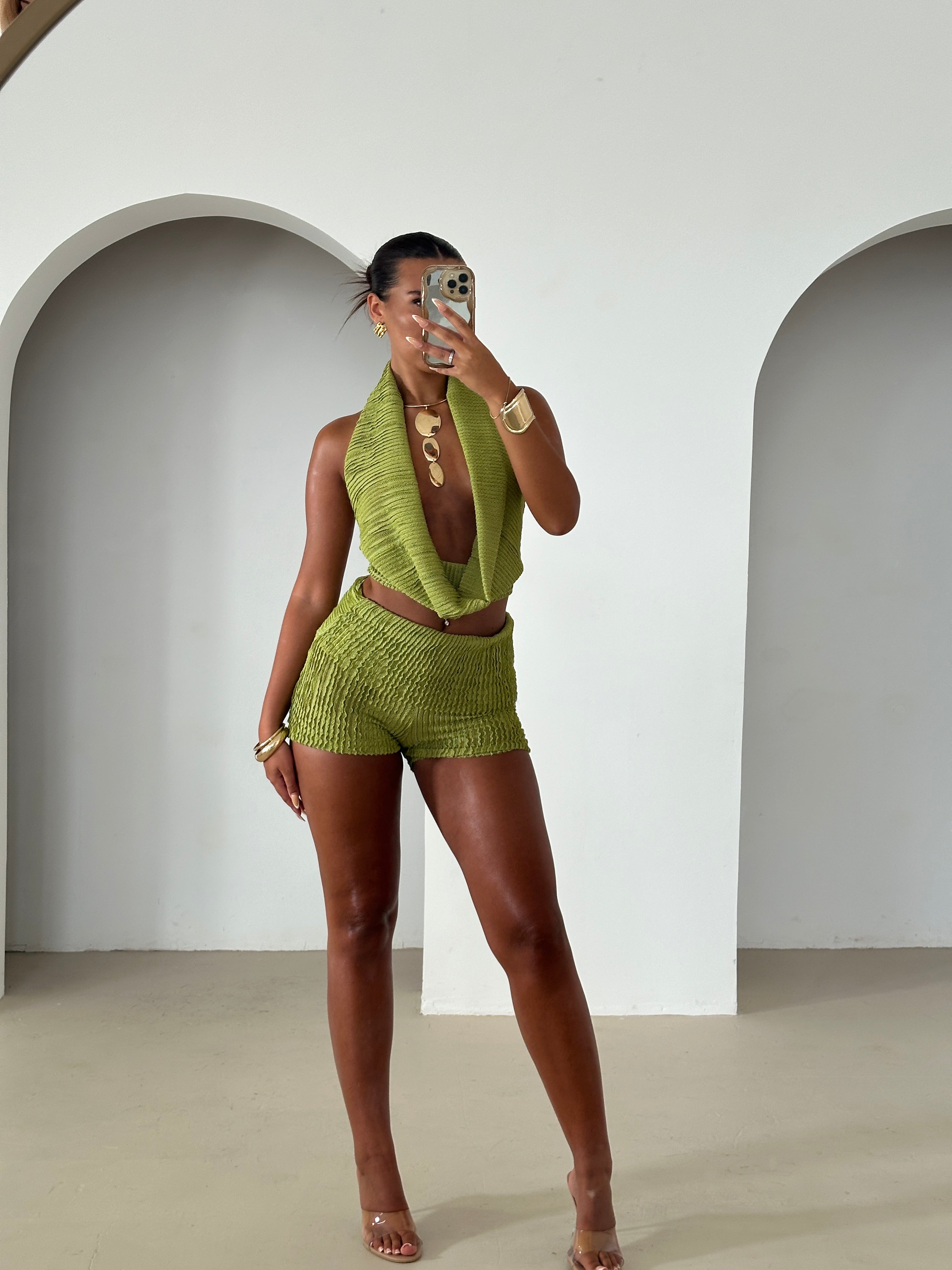 Capri foldover shorts set in pistachio