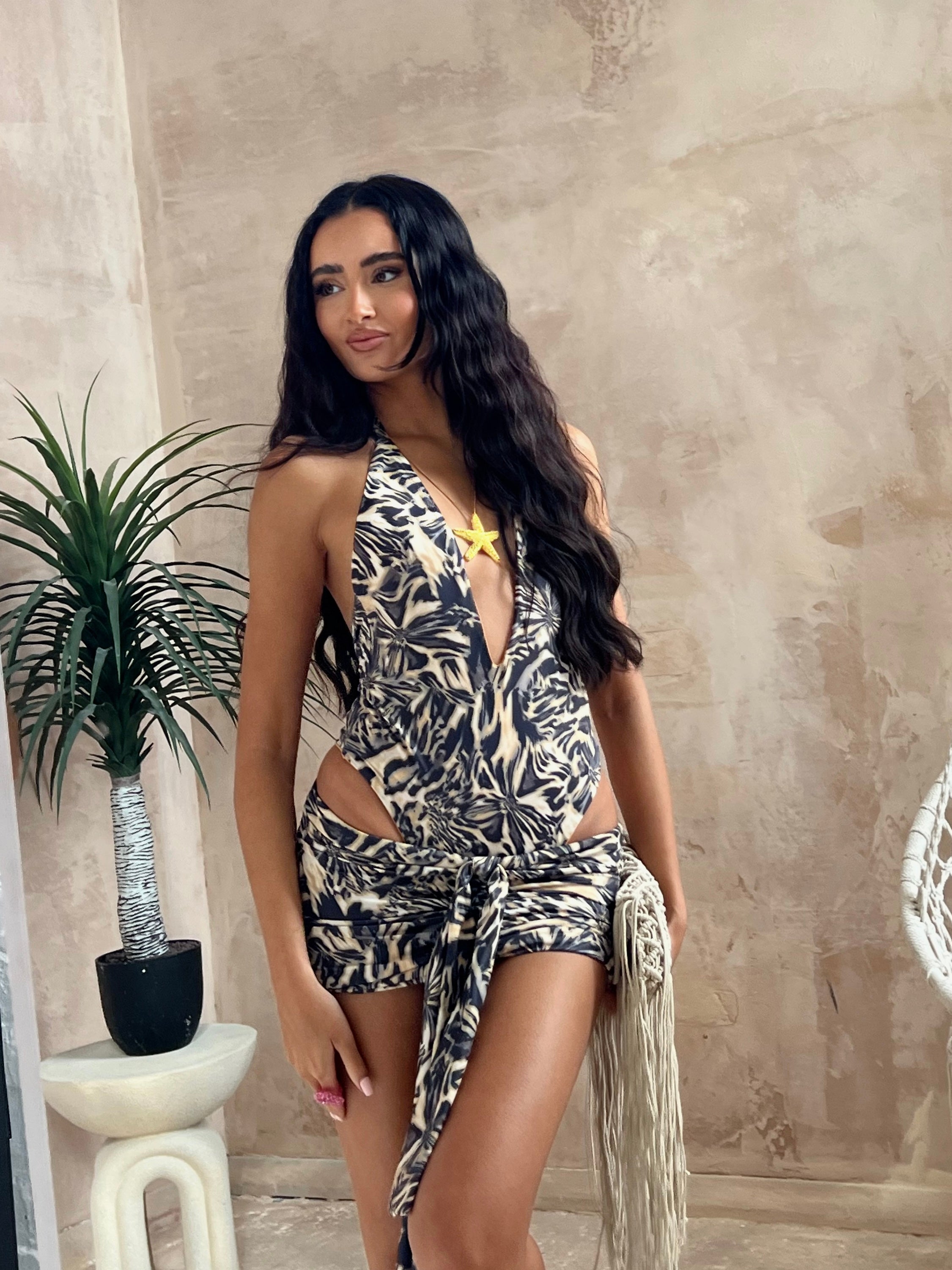 Tulum swimsuit with knotted skirt in brown muse